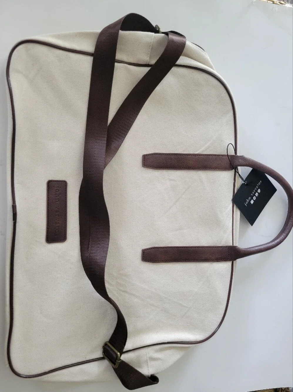John Varvatos Cream/Brown Canvas Shoulder Strap And Carry Bag 13.5